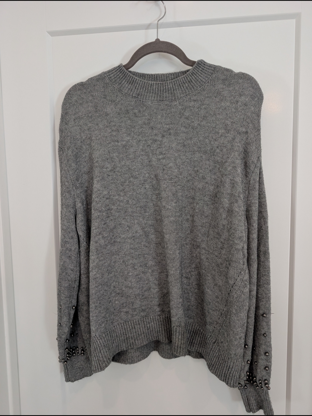 Mango Gray Beaded-Sleeve Crew Neck Sweater Medium